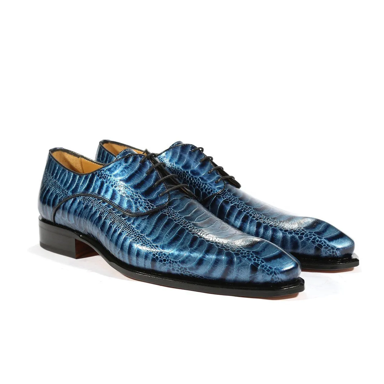 Ambrogio 39127 Men's Handmade Custom Made Shoes Blue Ostrich Leg Print / Calf-Skin Leather Derby Oxfords (AMBS1005)