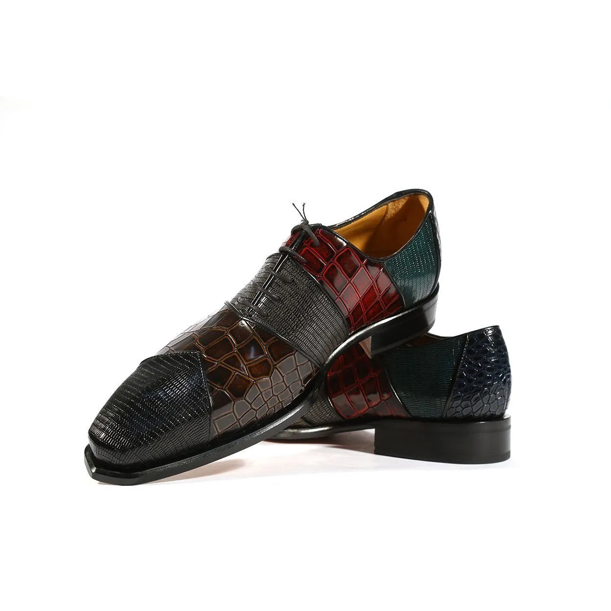 Ambrogio 39139 Men's Luxury Handmade Shoes Multi-Color Lizard Print / Crocodile Print / Calf-Skin Leather Oxfords (AMB1001) MTO