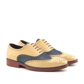 Ambrogio Bespoke Custom Men's Shoes Beige & Navy Pebble Grain Leather Full Brogue Oxfords (AMB2145)