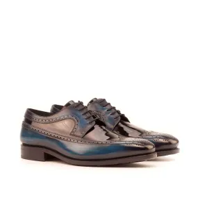 Ambrogio Bespoke Custom Men's Shoes Black & Denim Patent / Patina Leather Longwing Blucher Oxfords (AMB2124)