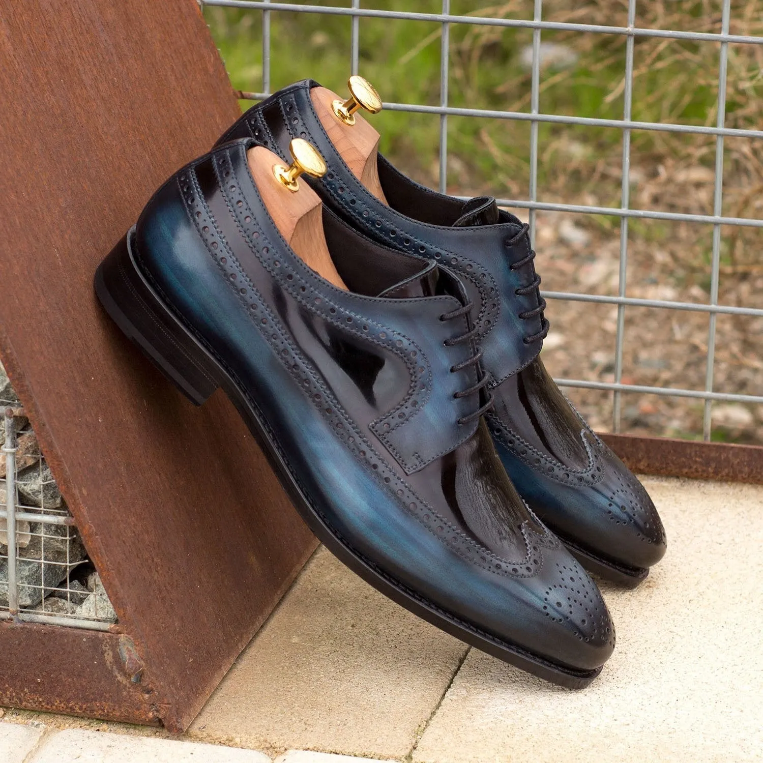 Ambrogio Bespoke Custom Men's Shoes Black & Denim Patent / Patina Leather Longwing Blucher Oxfords (AMB2124)