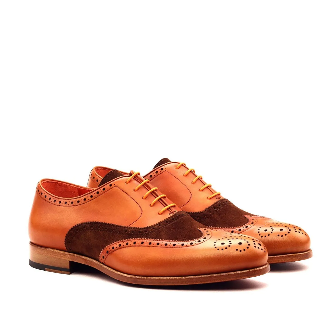 Ambrogio Bespoke Custom Men's Shoes Brown & Orange Suede / Calf-Skin Leather Wingtip Oxfords (AMB1880)