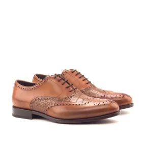 Ambrogio Bespoke Custom Men's Shoes Cognac & Dark Brown Crocodile Print / Calf-Skin Leather Wingtip Oxfords (AMB1929)