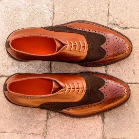 Ambrogio Bespoke Custom Men's Shoes Cognac & Dark Brown Suede / Calf-Skin Leather Wingtip Oxfords (AMB1886)