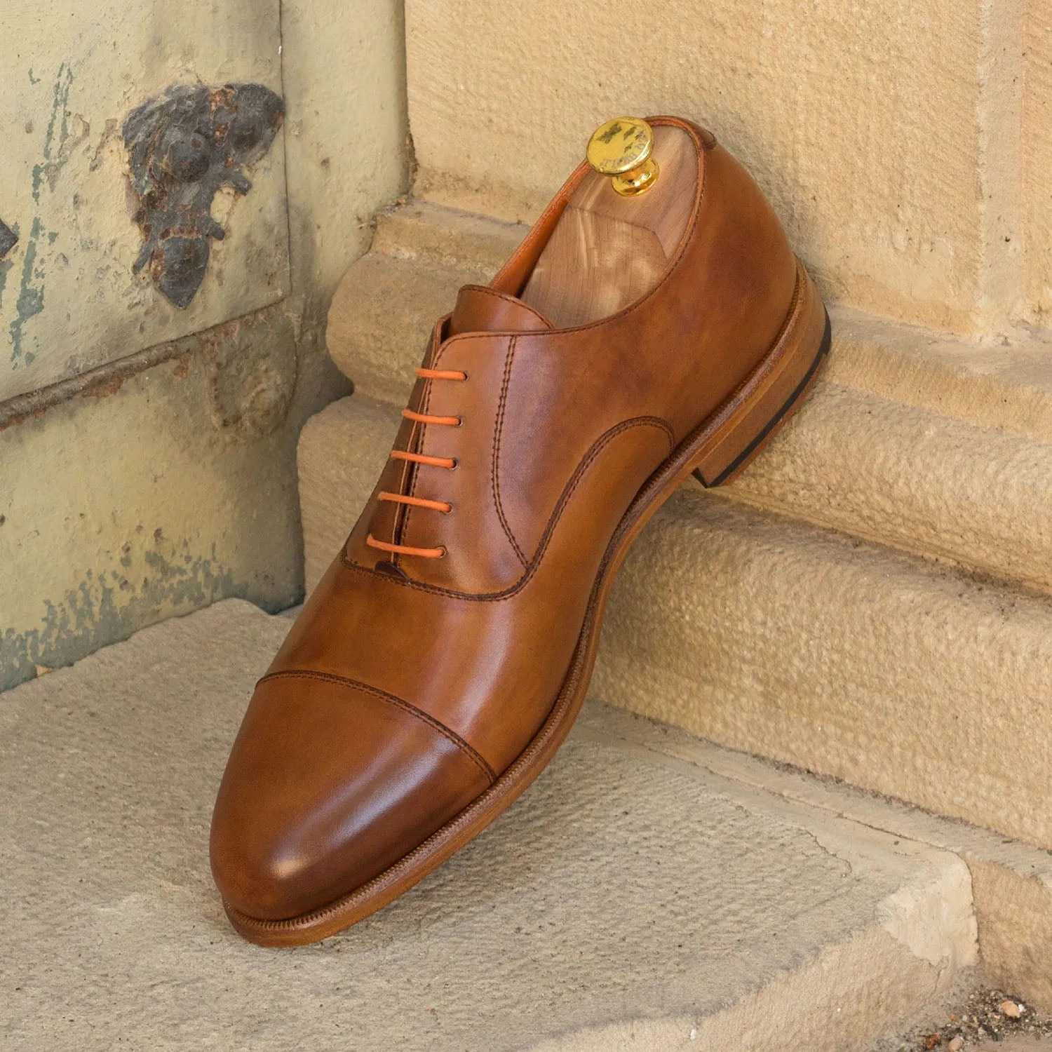 Handcrafted Ambrogio Mens Wingtip Oxfords in Cognac Calf-Skin Leather (AMB1888)