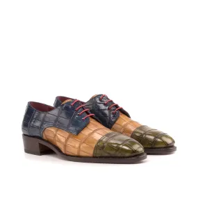 Ambrogio Bespoke Custom Men's Shoes Cognac, Navy & Olive Exotic Alligator Derby Oxfords (AMB2205)