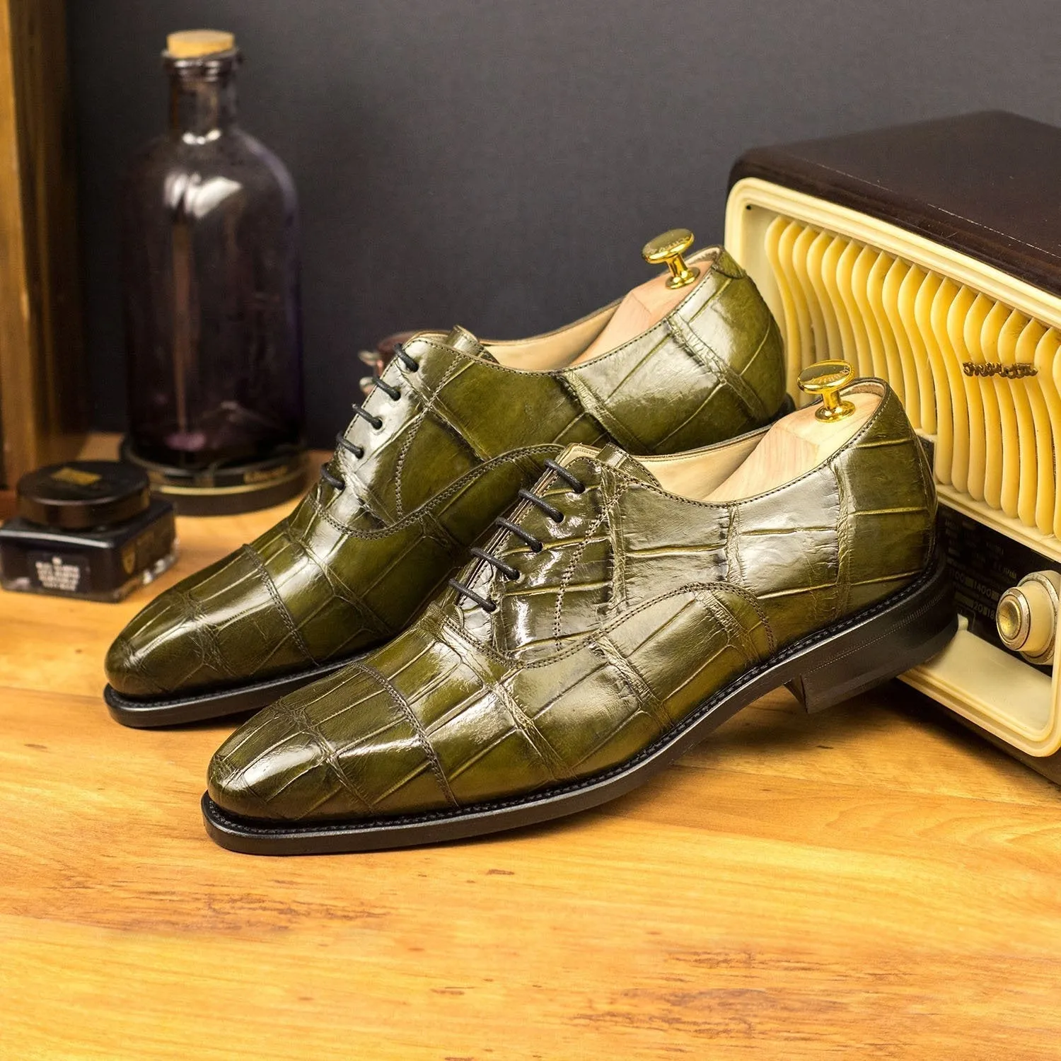 Ambrogio Bespoke Custom Men's Shoes Green Olive Exotic Alligator Wholecut Oxfords (AMB1904)