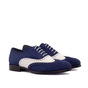 Ambrogio Bespoke Custom Men's Shoes Navy & White Suede Leather Full Brogue Oxfords (AMB2129)