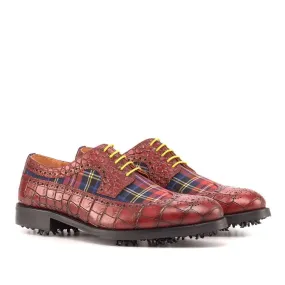 Ambrogio Bespoke Custom Men's Shoes Red Combination Tartan Fabric / Crocodile Print Leather Golf Longwing Blucher Oxfords (AMB2219)