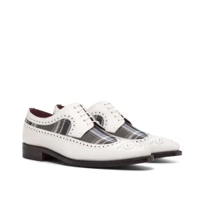 Ambrogio Bespoke Custom Men's Shoes White, Gray & Blue Plaid Fabric / Box Calf-Skin Leather Longwing Blucher Oxfords (AMB2199)