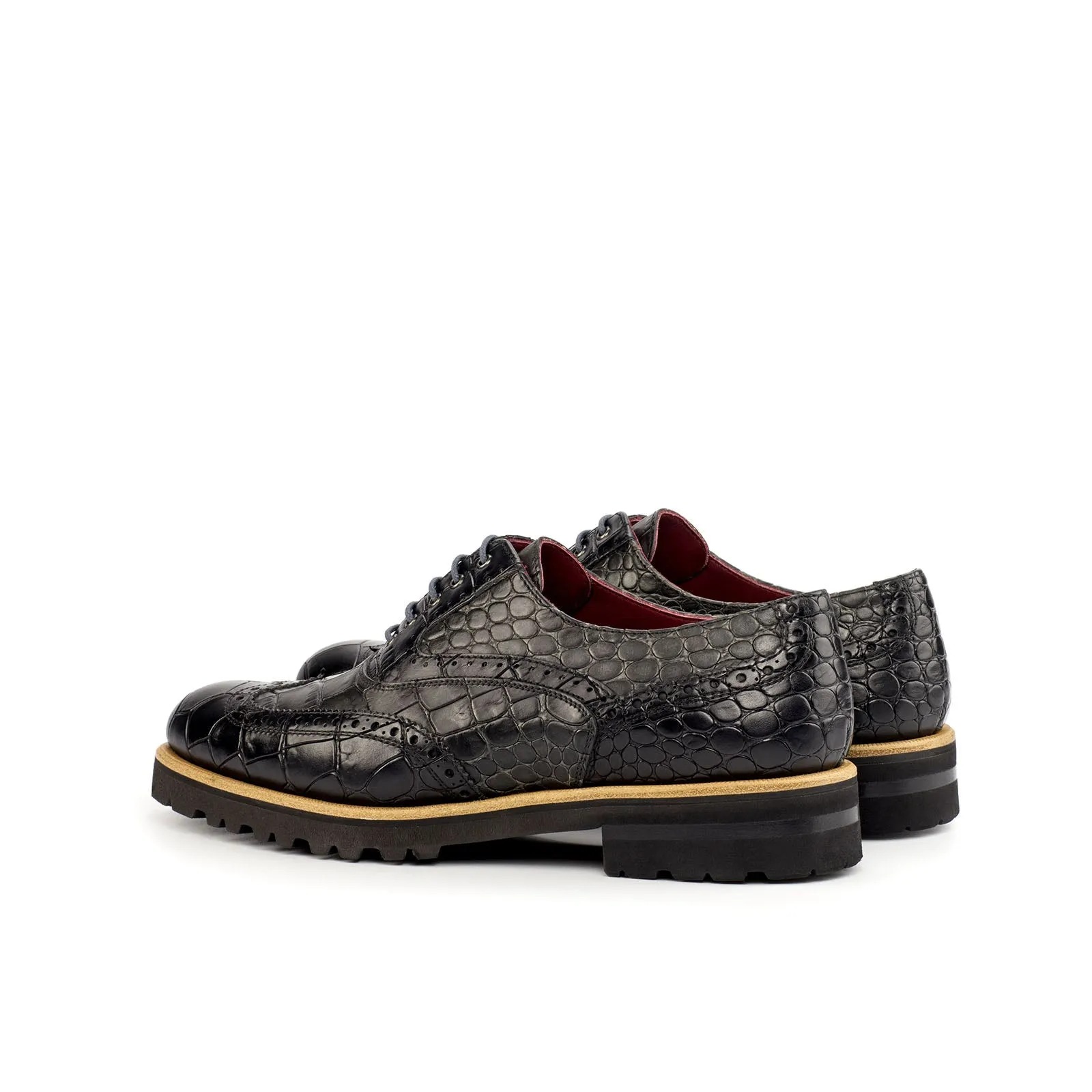 Ambrogio Bespoke Custom Women's Custom Made Shoes Black & Gray Crocodile Print / Calf-Skin Leather Wingtip Oxfords (AMBW1078)