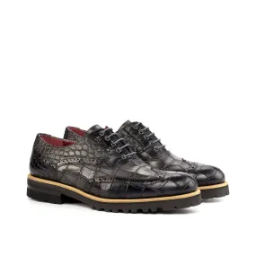 Ambrogio Bespoke Custom Women's Custom Made Shoes Black & Gray Crocodile Print / Calf-Skin Leather Wingtip Oxfords (AMBW1078)