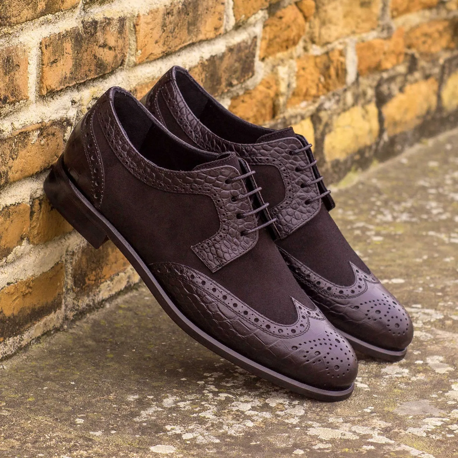 Ambrogio Bespoke Custom Women's Custom Made Shoes Black Crocodile Print / Suede Leather Derby Oxfords (AMBW1030)