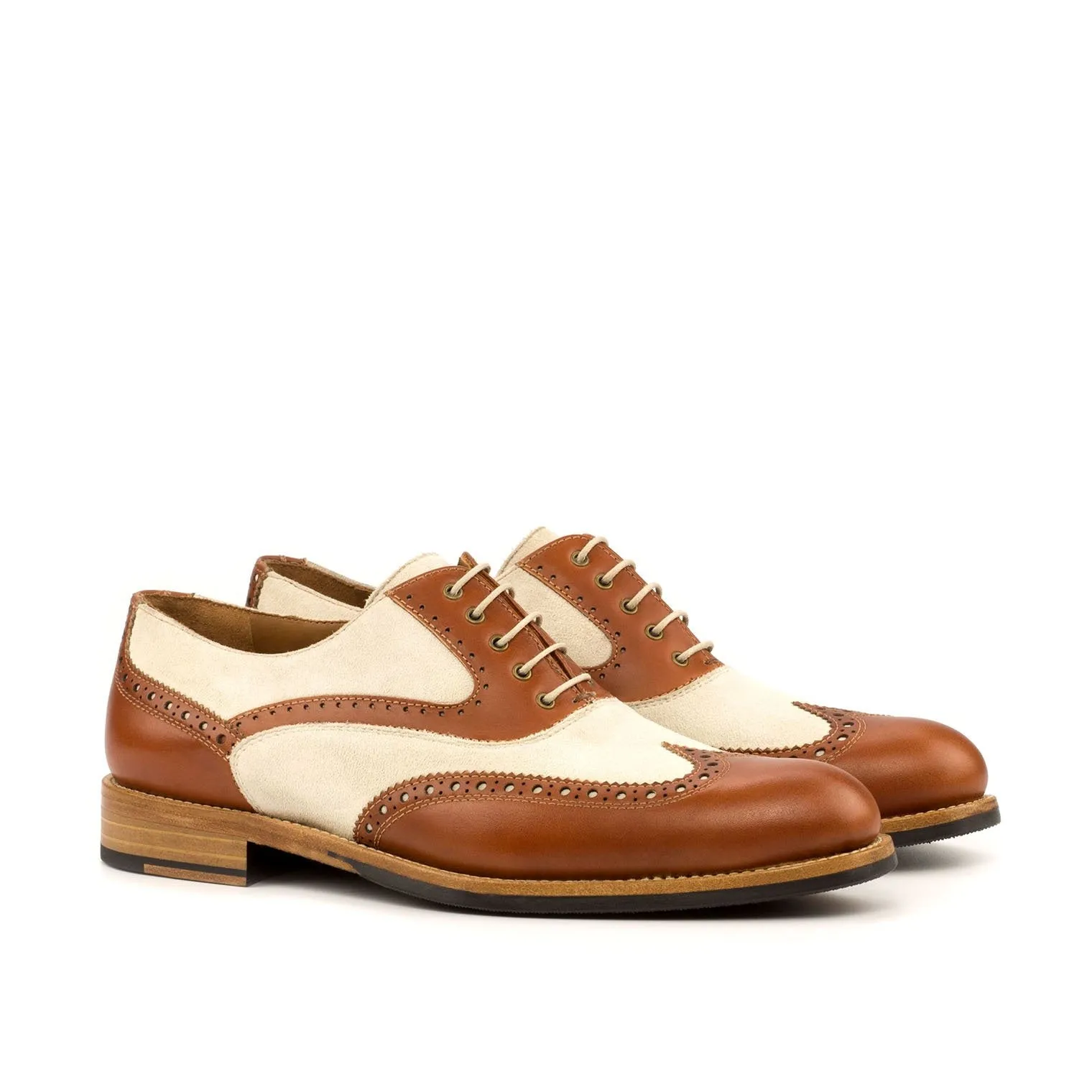 Ambrogio Bespoke Custom Women's Custom Made Shoes Cognac & Ivory Suede / Calf-Skin Leather Wingtip Oxfords (AMBW1076)