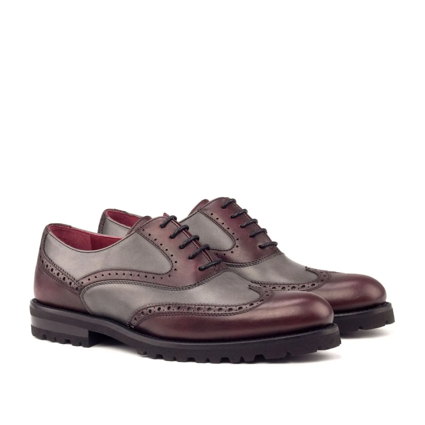 Ambrogio Bespoke Custom Women's Shoes Burgundy & Gray Calf-Skin Leather Wingtip Oxfords (AMBW1095)