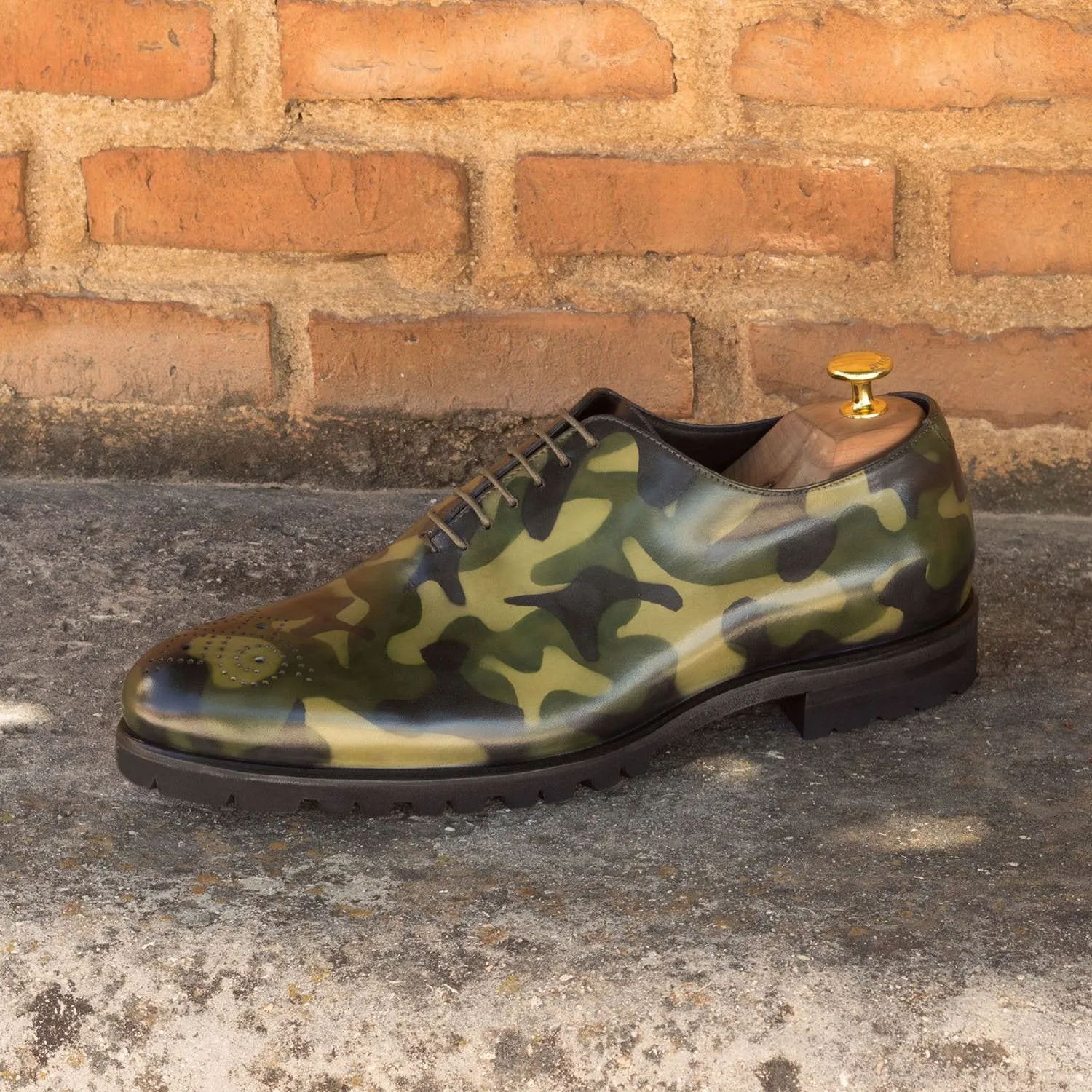 Ambrogio Bespoke Men's Handmade Custom Made Shoes Khaki Green Camo Patina Leather Dress Oxfords (AMB1303)