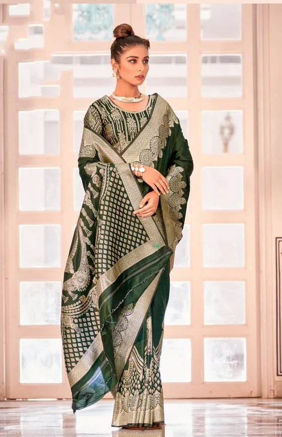 Appealing Green Colored Banarasi Soft Silk Designer Printed Work Sarees