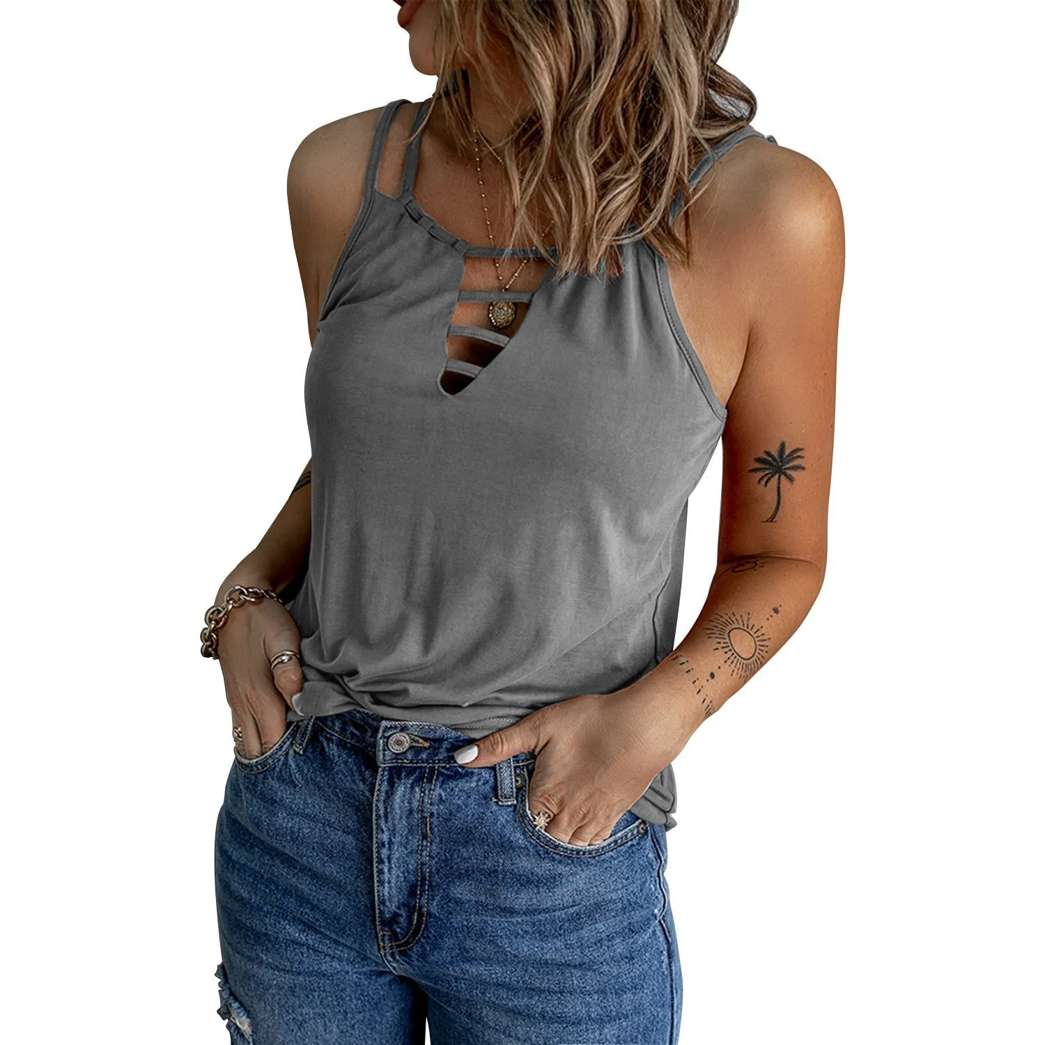 Casual V-neck Strappy Tank Top