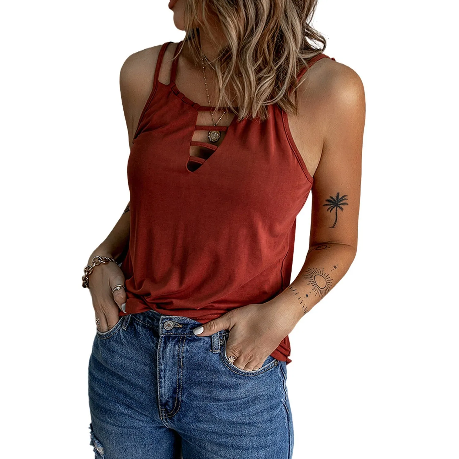 Casual V-neck Strappy Tank Top