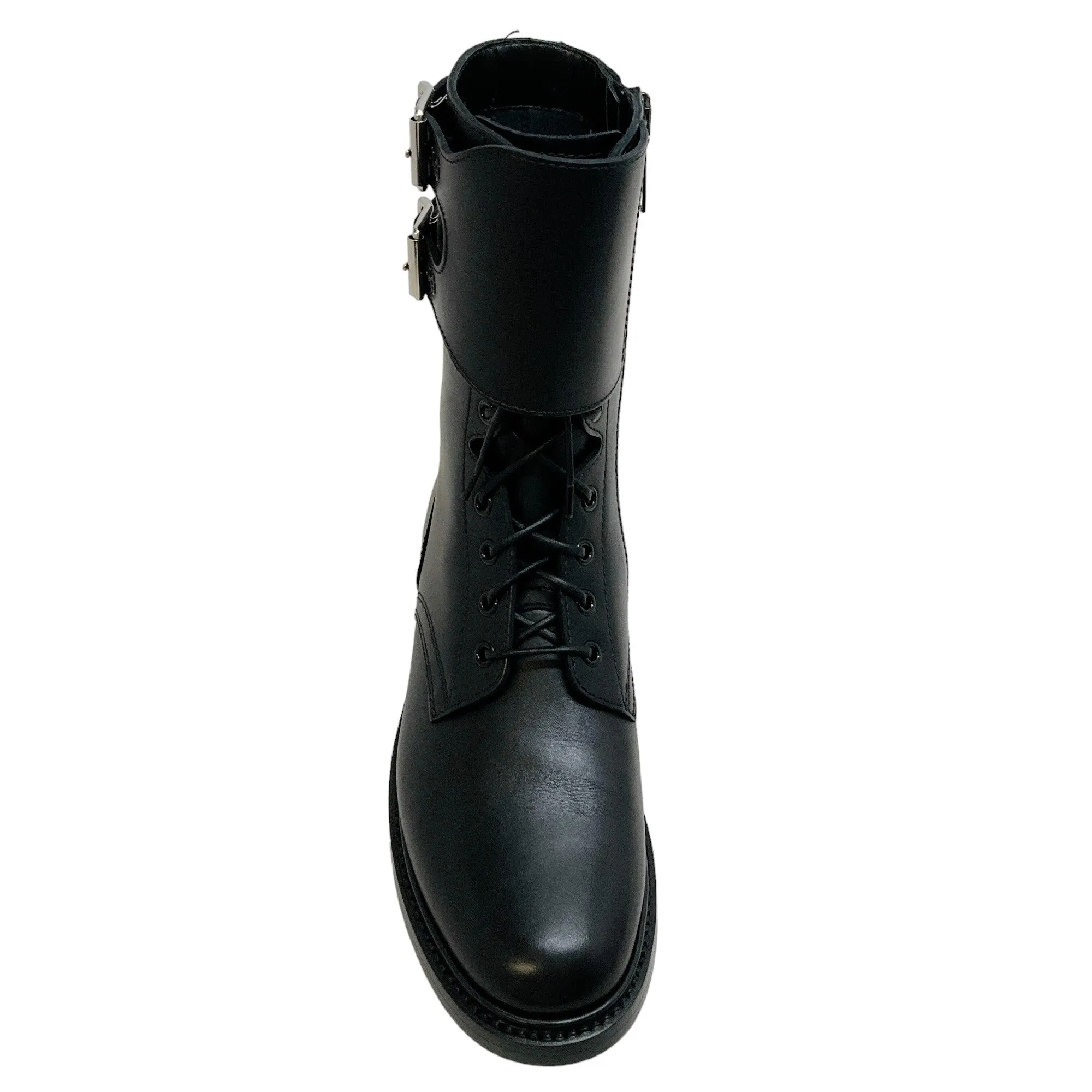 Celine Black Leather Ranger Lace Up Boots with Buckle Cuff