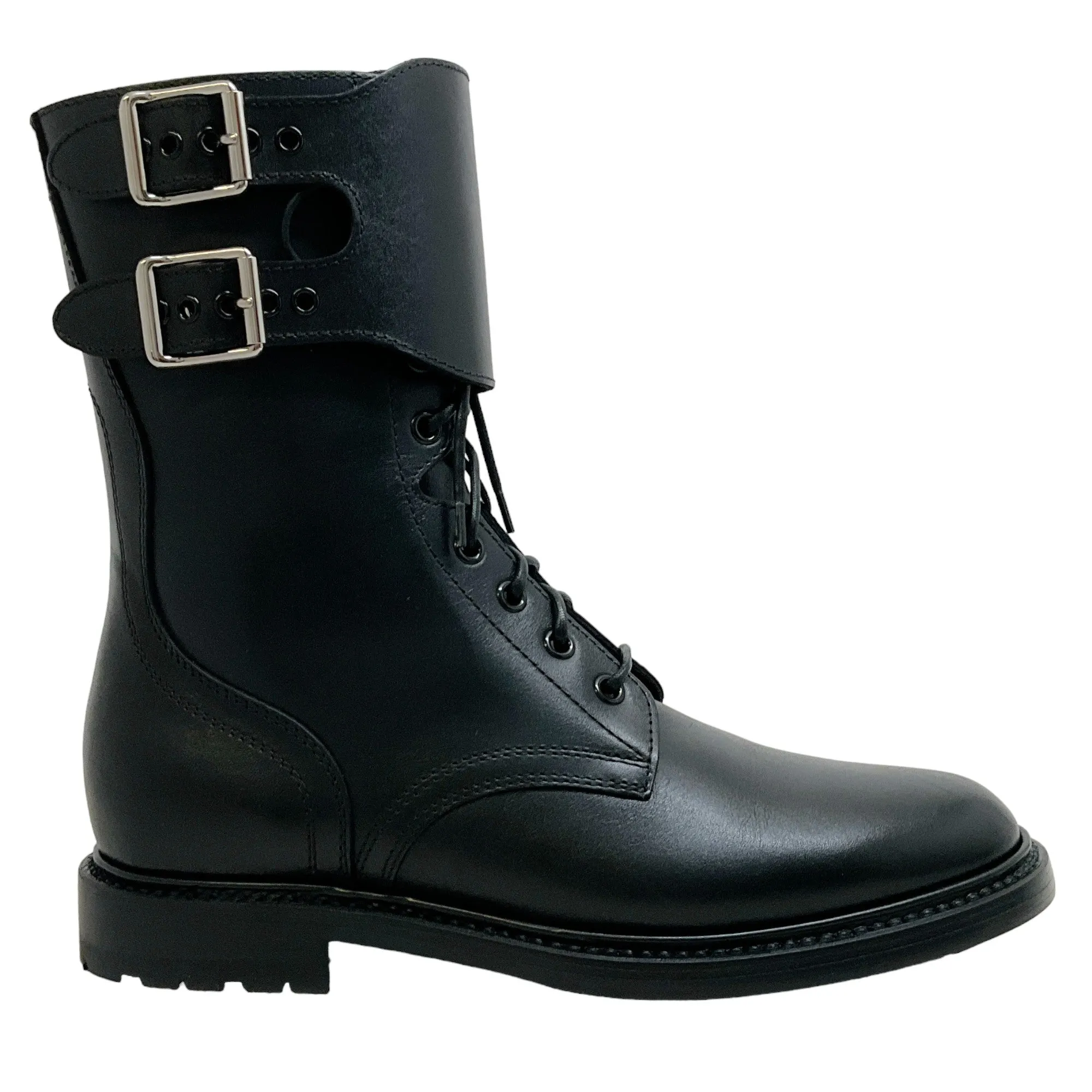 Celine Black Leather Ranger Lace Up Boots with Buckle Cuff