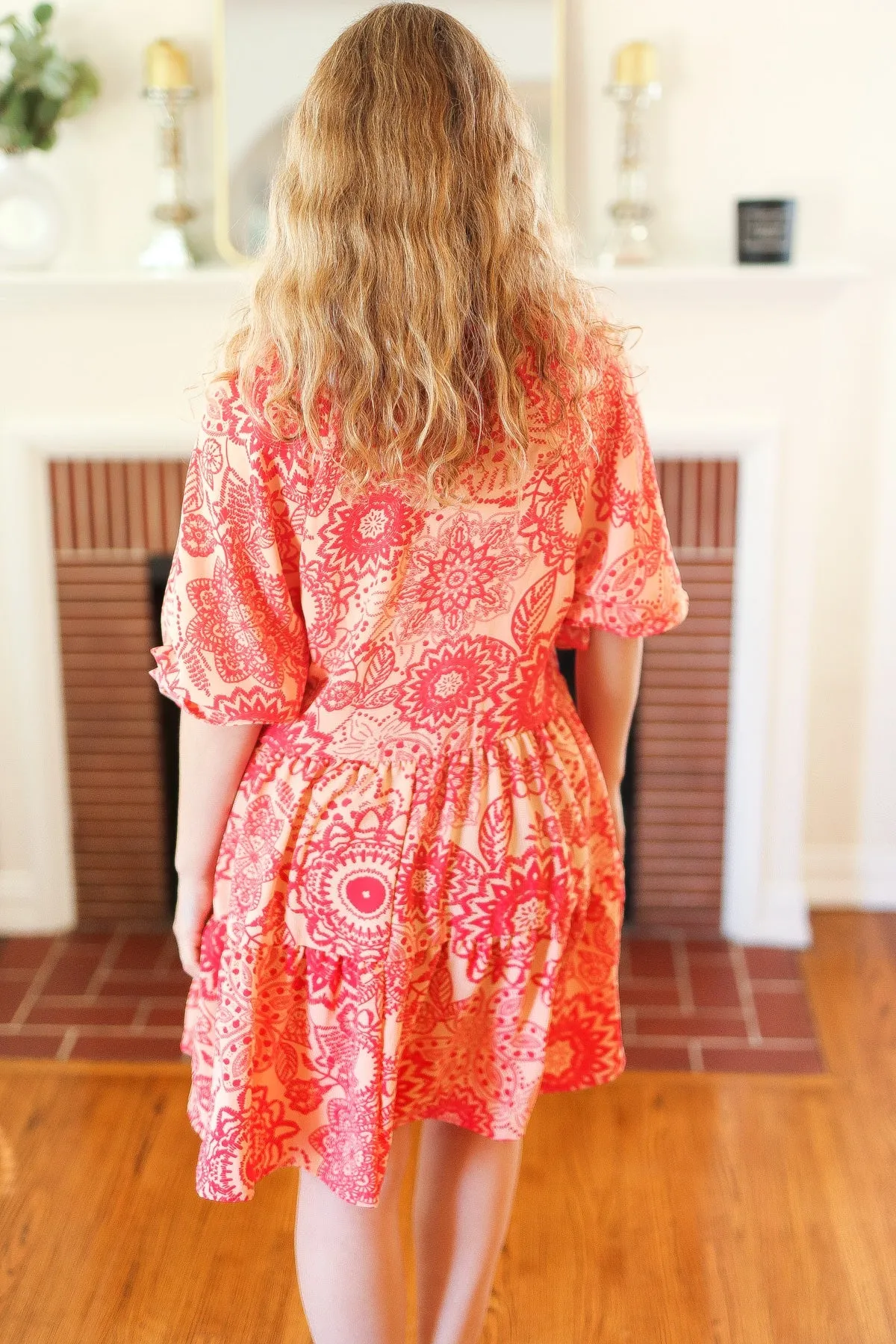 Explore More Collection - All You Need Peach & Coral Boho Floral V Neck Dress