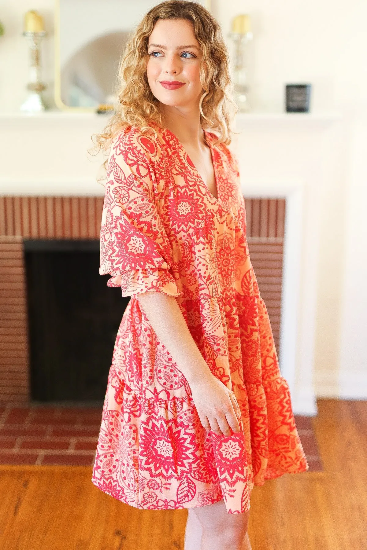 Explore More Collection - All You Need Peach & Coral Boho Floral V Neck Dress