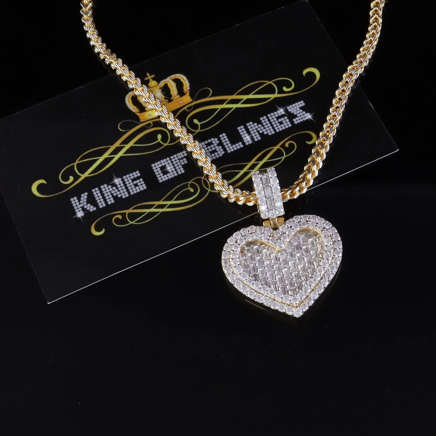 King Of Bling's 925 Yellow Silver Baguette Heart Pendant 4.00ct VVS D Clr. Moissanite for He/She