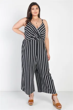 Plus Black Stripe V-Neck Sleeveless Romper